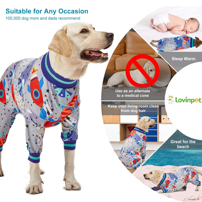LovinPet Dog Pjs, Wound Care, Surgery Recovery Clothes, Large Pitbull Pajamas, Lightweight Stretchy Jersey Knit, Galaxy World Gray Print, Big Dog Jammies,UV Protection, Pitbull Pajamas, Pet PJ's, 2XL XX-Large Multi-colored - PawsPlanet Australia