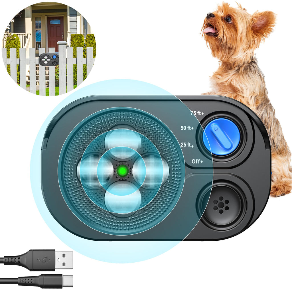 2024New Anti Barking Device, Bark Box Rechargeable Dog Barking Deterrent with 6 Modes/Dual Frequency/IP65 Waterproof Multi-Ultrasonic Heads Neighbors Dog Silencer Indoor&Outdoor Up to 75ft (Black)