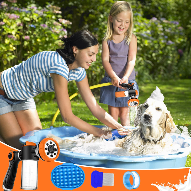 Upgrade Dog Washing Hose Attachment Soap Dispenser, Dog Wash Hose Attachment with Pet Bath Brush Car Wash Mitt and Dog Comb for Showering Pet (Hose Not Include) orange - PawsPlanet Australia