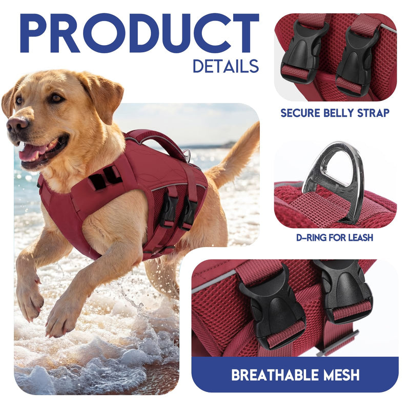 ASENKU Dog Life Jacket- High-Buoyancy Dogs Reflective Swimming Vest with Durable Handles for Small Medium Large Dogs - Pool, Beach, Boating(WineRed, L) Wine Red - PawsPlanet Australia