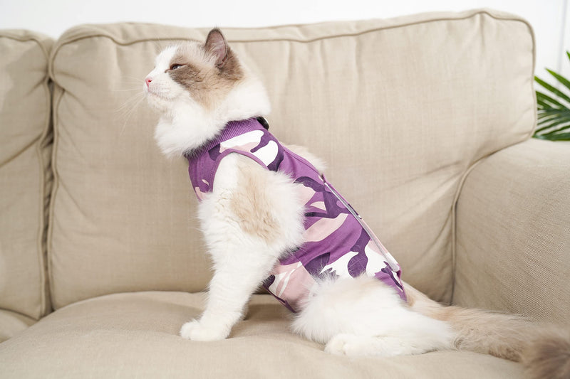 New Professional Cat Recovery Suit After Surgery as E-Collar Alternative, Kitten Recovery Suit for Spay to Cover Abdominal Wounds, Camouflage Cat Apparel Anti-Licking Cat Onesie (S, Purple) Small