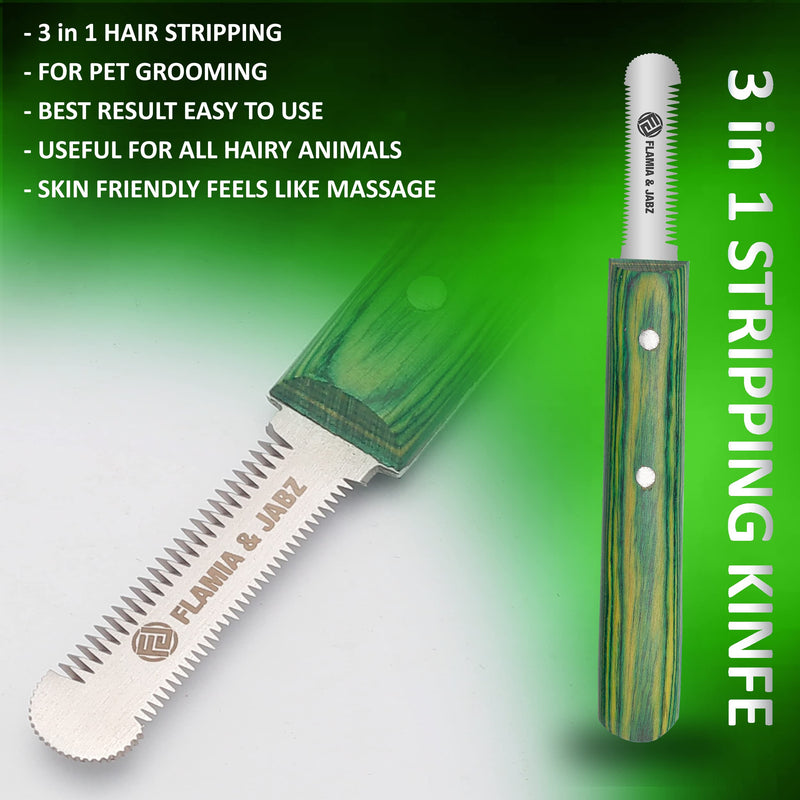 FLAMIA & JABZ Professional Stripping Knife kit (6 Pieces Set) for Dogs & Pets, Wooden Handle Grip with Stainless Steel Comb (Right Handed) (Green) Green - PawsPlanet Australia