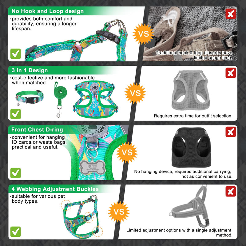 BEAUTYZOO Step in Dog Harness Collar and Leash Set for Small Medium Large Dogs, No Pull No Choke Puppy Harness, Soft Mesh Reflective Pet Padded Vest Adjustable for Doggie Girl or Boy,French Bulldog L (Chest 20"-25", Collar 14"-20") Green Leaves - PawsPlanet Australia