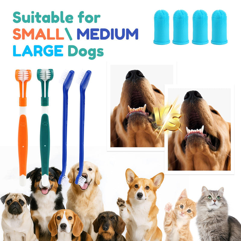 Dog Toothbrush Set, 8TL Dog Toothbrush with Triple Head & Finger Toothbrush, Multi-Angle Dental Cleaning Set for Small, Medium, and Large Dogs and Pets