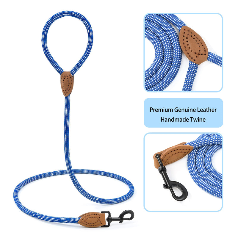 Mile High Life Rope Leash with Genuine Leather Connection, 6 FT/5 FT/4 FT, Heavy Duty Leash for Medium & Large Dogs(Blue White,72 Inch-1/2") - PawsPlanet Australia