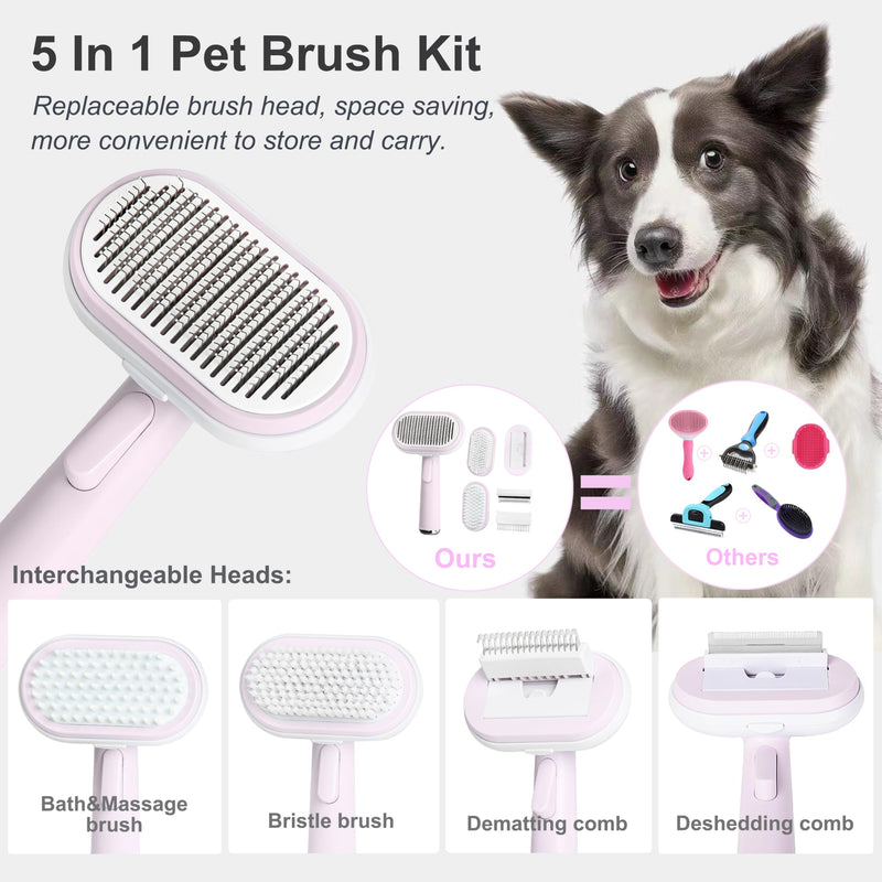 5 IN 1 Pet Grooming Brush Kit,Dog&Cat Self Cleaning Slicker Brush for Shedding.Dematting&Deshedding Dog Brush,Dog Hair Brush,Suitable for Small&Large,Long&Short Haired Pets.(Pink) Pink - PawsPlanet Australia