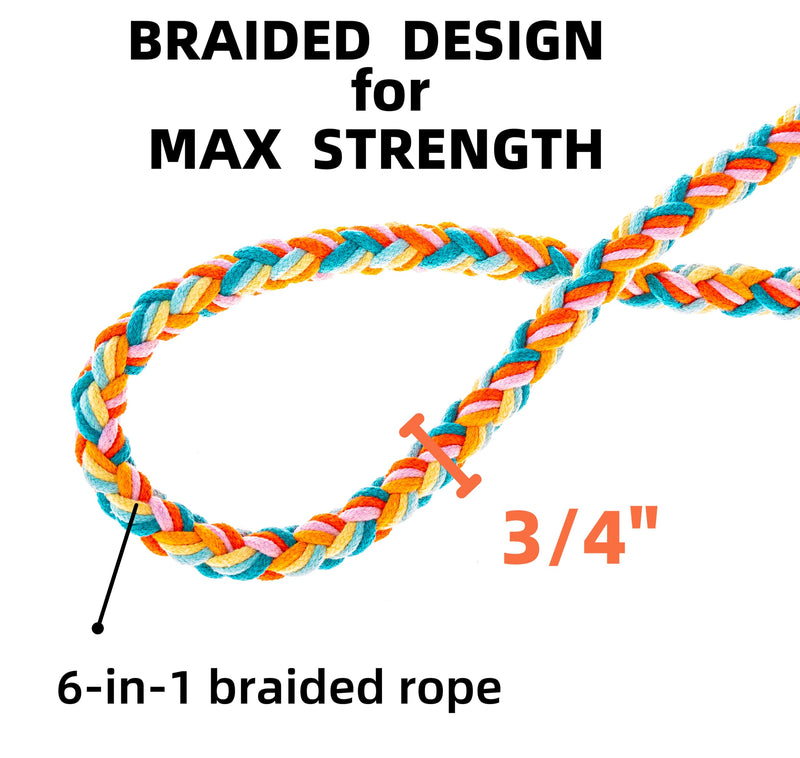Handmade 5ft Braided Cotton Dog Leash with Unique Floral Handle, Durable and Stylish, Ideal for Small to Large Dogs,Rainbow Mix Fiesta Twist - PawsPlanet Australia