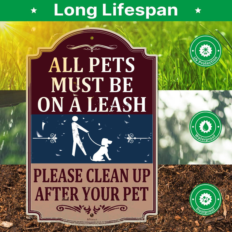 All Pets Must Be On A Leash Please Clean Up After Your Pet Signs No Dog Poop Pee 12" x 18" Metal Rust Aluminum Waterproof Easy Mounting Outdoor Use 2 Pack