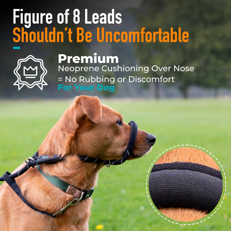 Total Pet Figure of 8 Dog Lead - Anti Pull Stop Dogs Pulling - Rope Slip Leads with Padded Nose Support (Black, Medium/Large) Black
