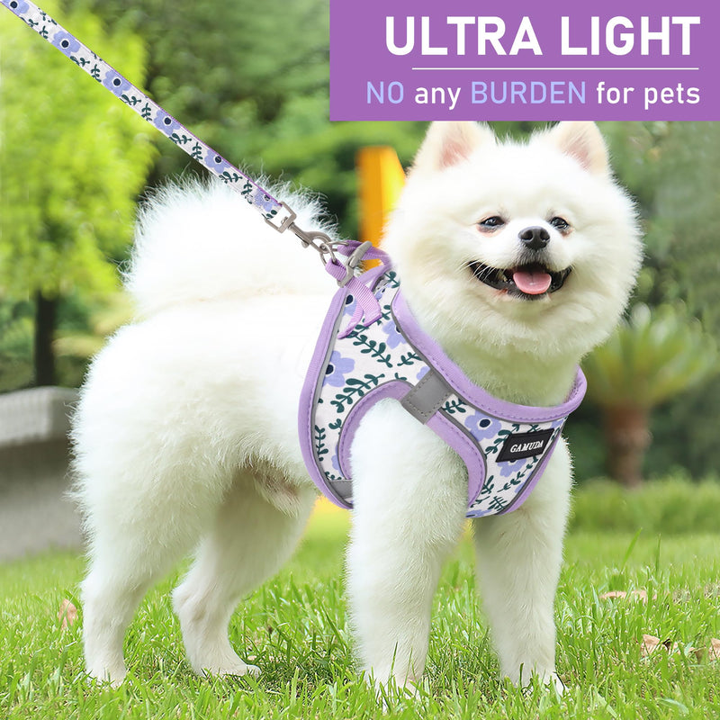 GAMUDA Small Dog Harness Collar and Leash Set, Step in No Chock No Pull Soft Mesh Adjustable Dog Vest Harnesses Plaid Reflective for Dogs Puppy Cats Kitten Rabbit (Purple Flower, S) Purple Flower - PawsPlanet Australia