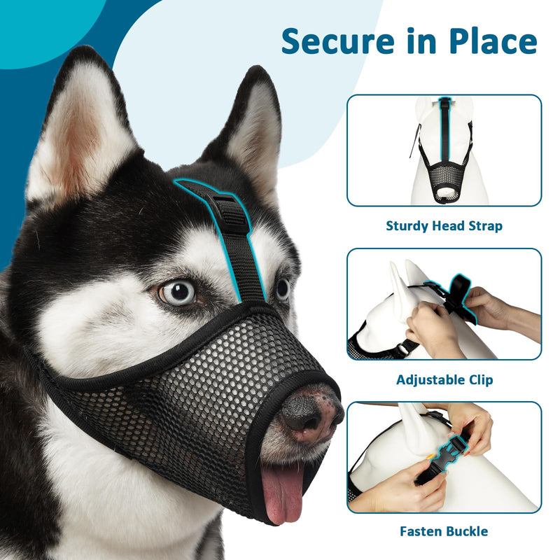 LUCKYPAW Dog Muzzle, Mesh Muzzle for Large Medium Small Dogs, Soft Dog Muzzle to Prevent Biting Chewing with Adjustable Head Strap, Allows Panting and Drinking, Perfect for Vet Visit Black L