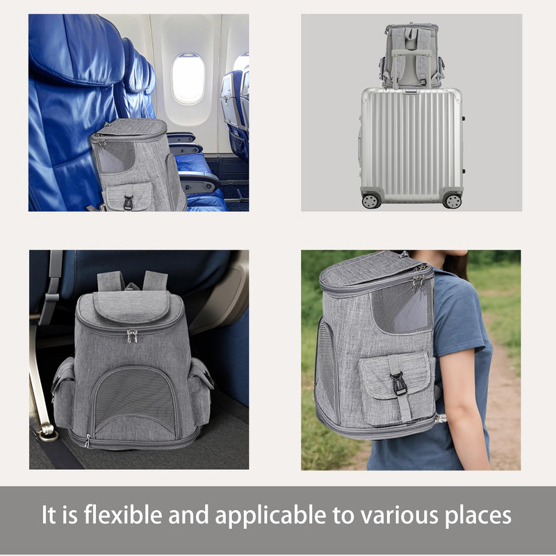 Foldable Cat Backpack Carrier - Dual-Sided Zipper & Magnetic Buckle, Breathable Mesh Pet Carrier with Adjustable Drawstring, Airline Approved Travel Backpack (Grey) - PawsPlanet Australia