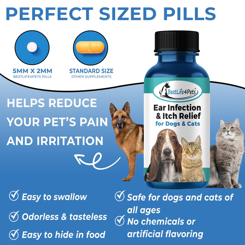 BestLife4Pets Ear Infection Relief for Dogs and Cats - Dog Ear Infection Treatment Supplement; Cat Supplements for Ear Itching, Swelling, Otitis, Pain & Inflammation - Easy to Use Pills