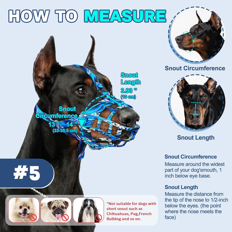 Dog Muzzle to Prevent Biting, Basket Muzzles for Large Medium Small Dogs Allows Panting Drinking Anti Chewing, Perfect for Grooming Trimming Training and Aggressive Reactive Dog (Blue, Size 5) Blue