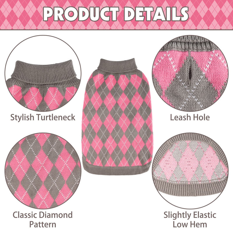 PAWCHIE Classic Dog Sweater Knit Turtleneck, Plaid Knitwear Sweaters, Warm Clothes for Small to Large Dogs… S Grey & Pink - PawsPlanet Australia