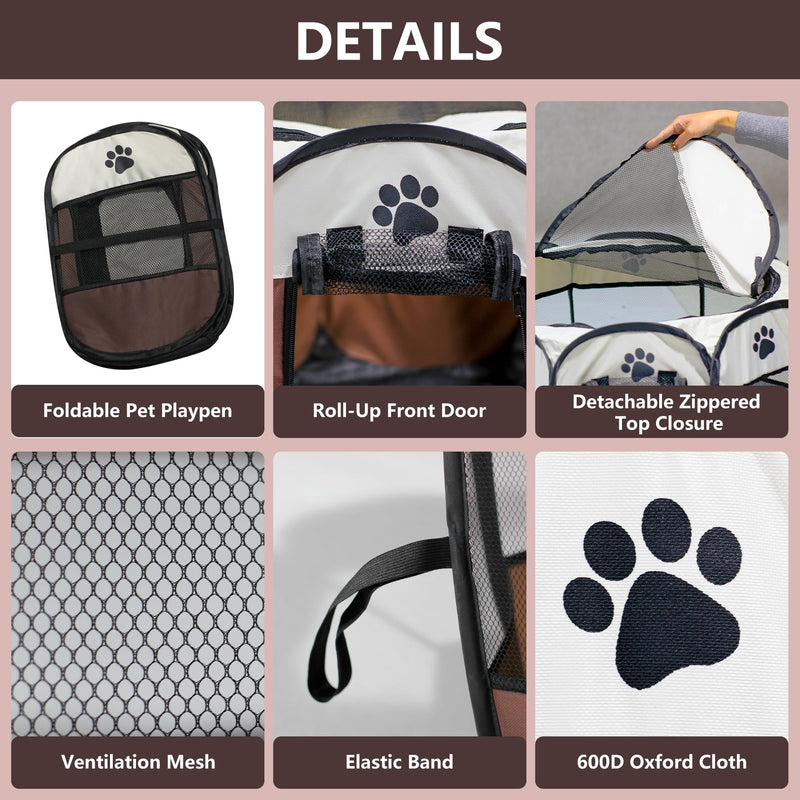 Cat Dog Playpen, Puppy Pet Playpen Indoor for Small Dog Crate Tent Cage Outdoor, Portable Pop Up Dogs Enclosure Kennel with Carrying Case for Dogs/Cats/Rabbits Brown.