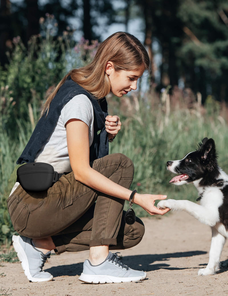 Dog Treat Pouch with Training Clicker, Upgrade Stronger Magnetic Closure to Avoid Spilling, 1.67 Cup Silicone Treat Bag Fanny Pack with Waist Belt for Pet Training Walking (Black) Black - PawsPlanet Australia