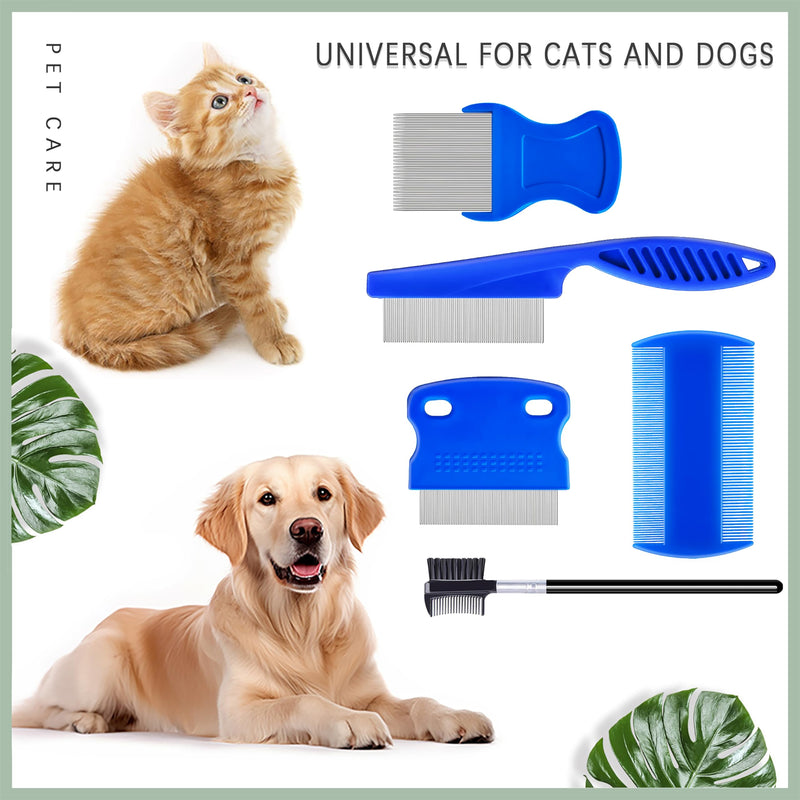 5 Pack Flea Lice Comb,Stainless Steel Dog Cat Grooming Combs With Rounded Teeth,Double-Sided Tear Stain Remover,Dematting Comb For Dogs Cats Ideal For All Types Of Small, Medium, Large Pets Blue