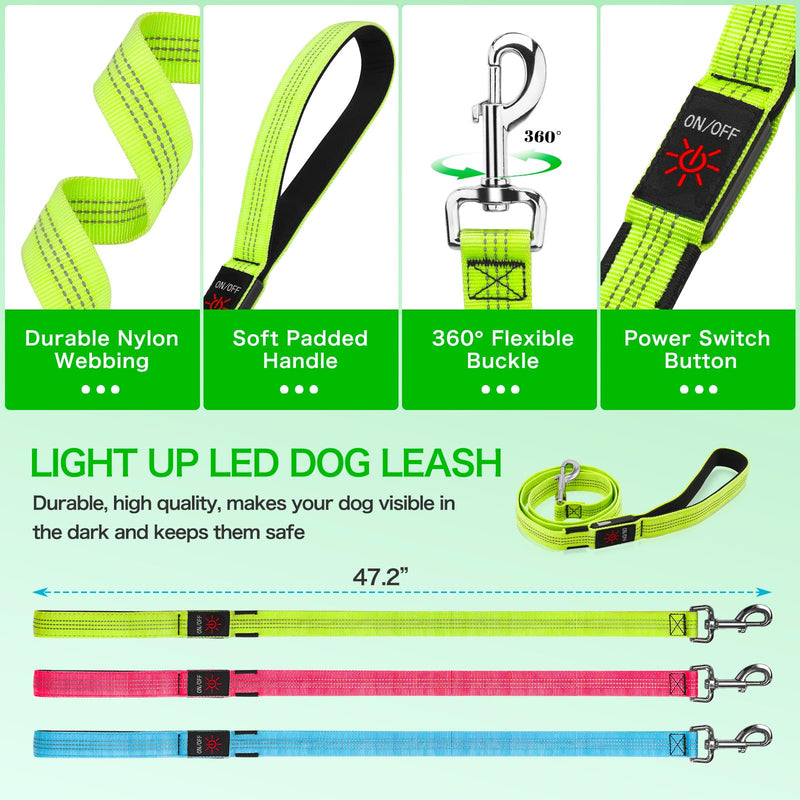 Weesiber Glowing Light Up LED Dog Leash - 4ft USB Rechargeable Flashing Nylon Leash for Small Medium Large Dogs, 3 Flash Modes (Green) Green