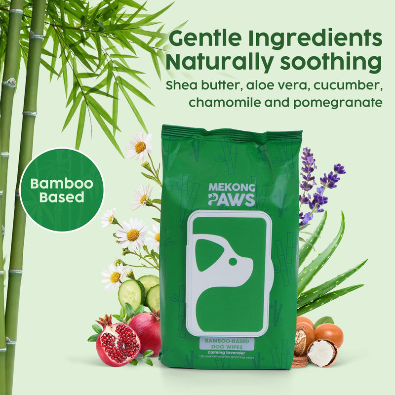 Pet Grooming Wipes - Natural & Organic Bamboo Base - Calming Lavender Scented - Freshening Dog Cat Wipe - Gentle on Sensitive Skin - Thick & Durable for Paws, Coat & Bum - 100 Count Lavender - 100 Count - PawsPlanet Australia
