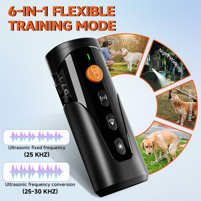 Dog Bark Deterrent Device, 3X Ultrasonic Anti Barking Device 6 Modes Dog Trainer Rechargeable & Portable Safe Bark Control Indoor Outdoor for All Dogs with LED Flashlight - Black