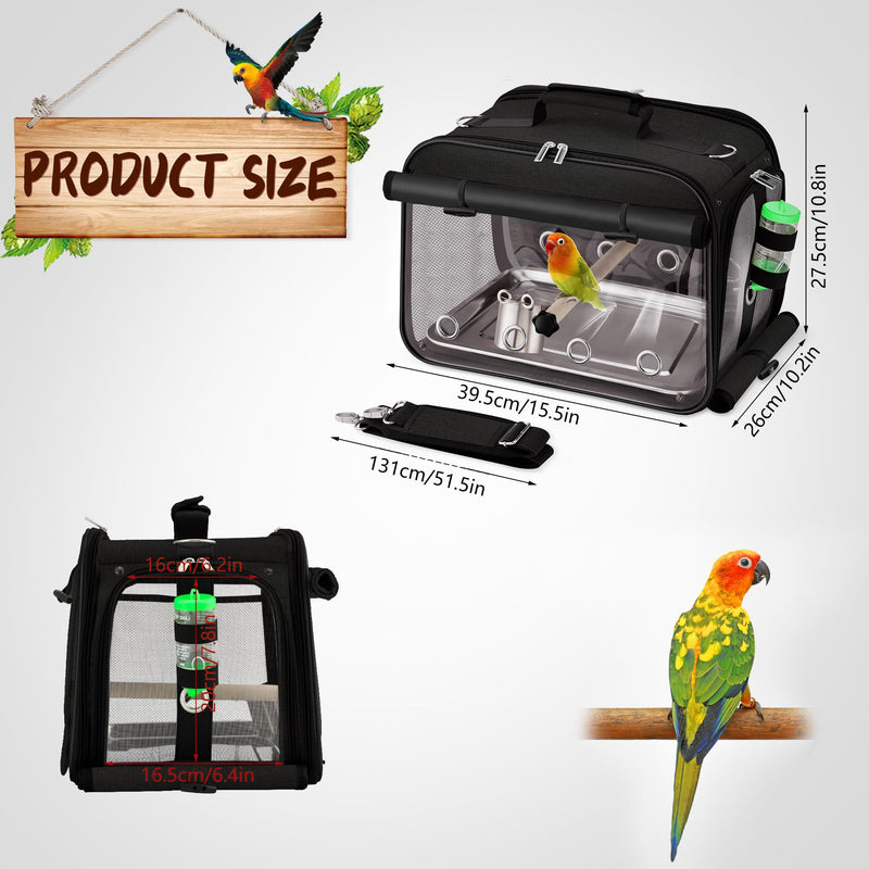 Suertree Bird Carrier Airline Approved, Bird Travel Cage with Indestructible Stainless Steel Mesh, Bird Travel Bag Lightweight and Portable with Water Bottle and Bowl Black