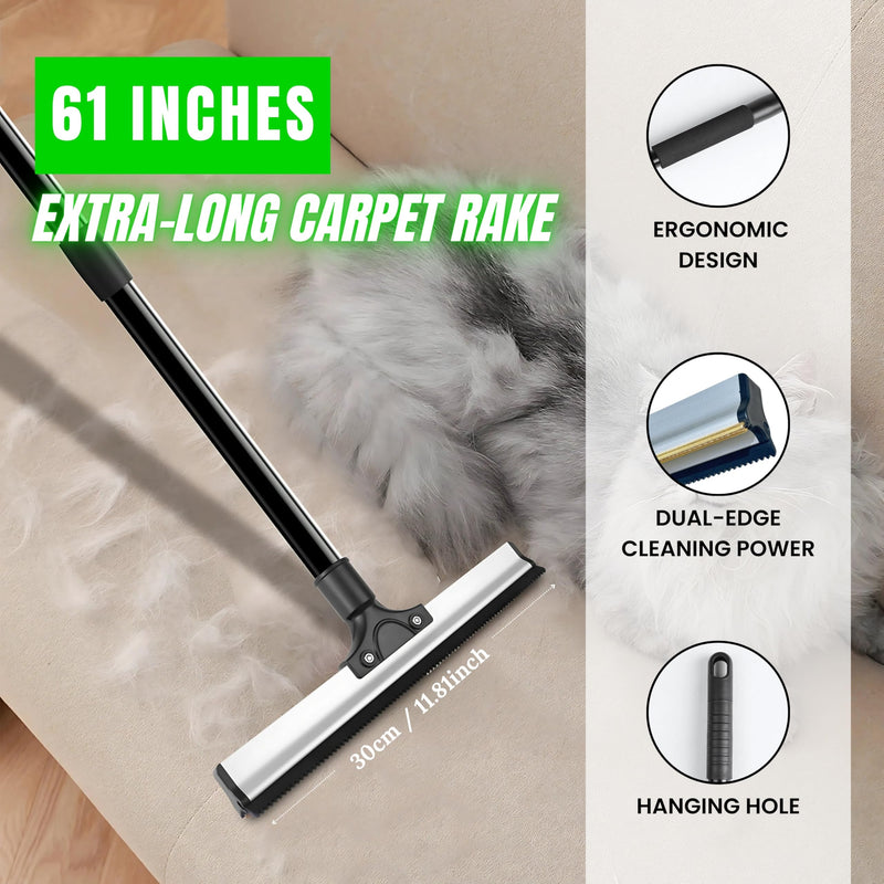 2025 Dual-Edge Carpet Rake for Pet Hair Removal & Fluffing Matted Carpet – 61" Adjustable Handle, Deep Clean Dog & Cat Hair Remover, Reusable Scraper for Rugs, Low Pile Carpet, Couch & Stairs (Set 3) Set 3 - PawsPlanet Australia