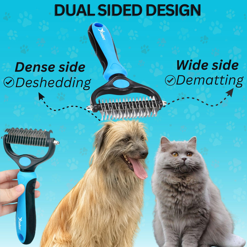 Candure Dematting Comb for Dog and Cat, Pet Grooming Rake and Brushes for Small, Medium & Large Dogs 17+9 Double Sided Deshedding Tool Removes Knots and Tangled Hair (Blue) Blue - PawsPlanet Australia