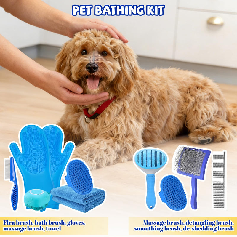 8PCS Dog Slicker Brush for Dogs Grooming Kit,Bath Grooming Kit for Pets,Hair Brush Set with Towel,Washing Gloves,Slicker Comb,and Shampoo Scrubber Brush for Small and Large Dogs and Cats(Blue) Blue