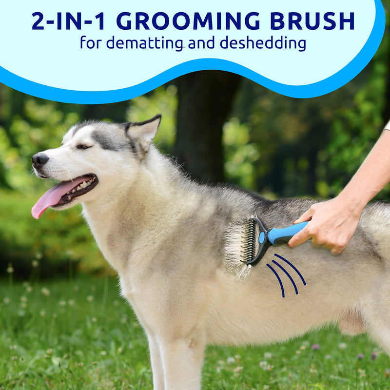 Pat Your Pet Deshedding Brush - Double-Sided Undercoat Rake for Dogs & Cats - Shedding Comb and Dematting Tool for Grooming, Extra Wide Blue