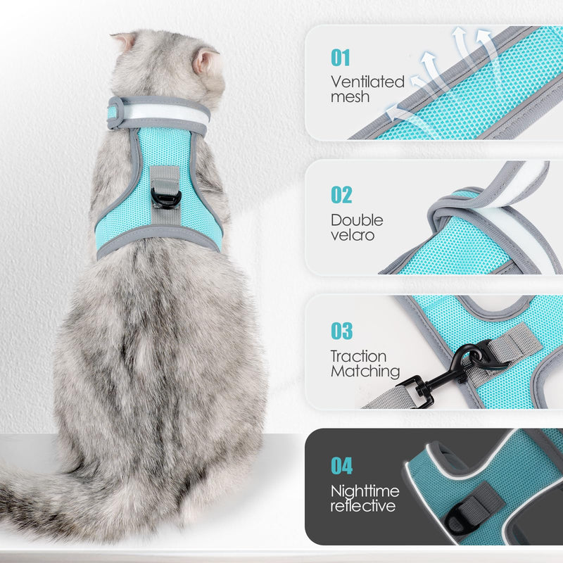 Cat Harness and Leash Set, Escape Proof Adjustable Kittens Vest with Reflective Strip, Easy to Wear for Cats Walking and Traveling, Soft Mesh Kitten Harness for Small Medium Large Cats L Blue - PawsPlanet Australia