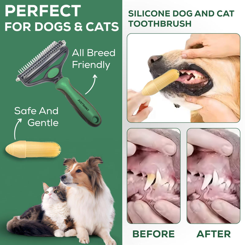 Pet Grooming Set – 1 Brush + 2 Toothbrushes (Soft & Finger) for Dogs & Cats(green handle) green handle - PawsPlanet Australia