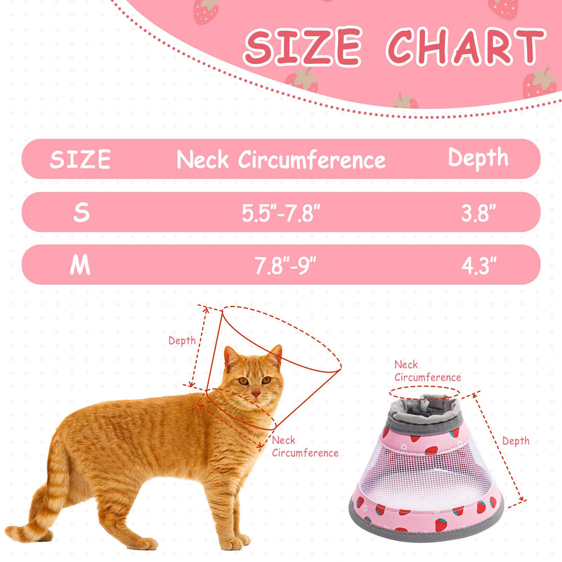 Cat Cone Collar Soft - Adjustable Cat Recovery Collar Kitten Lightweight Elizabethan Collar to Stop Licking Pet E Cone for Small Medium Cats After Surgery Prevent from Licking Wounds (Pink, M) Strawberry M