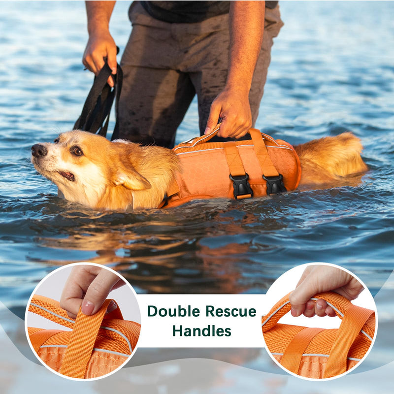 Kuoser Dog Life Jacket High Flotation, Reflective Dog Life Vest for Swimming Boating, Adjustable Small Medium Large Dog lifejacket, Lightweight Dog Life Preserver Rescue Handle Spring Summer Pool X-Small (Chest Girth:12.9-18.1'') Orange - PawsPlanet Australia