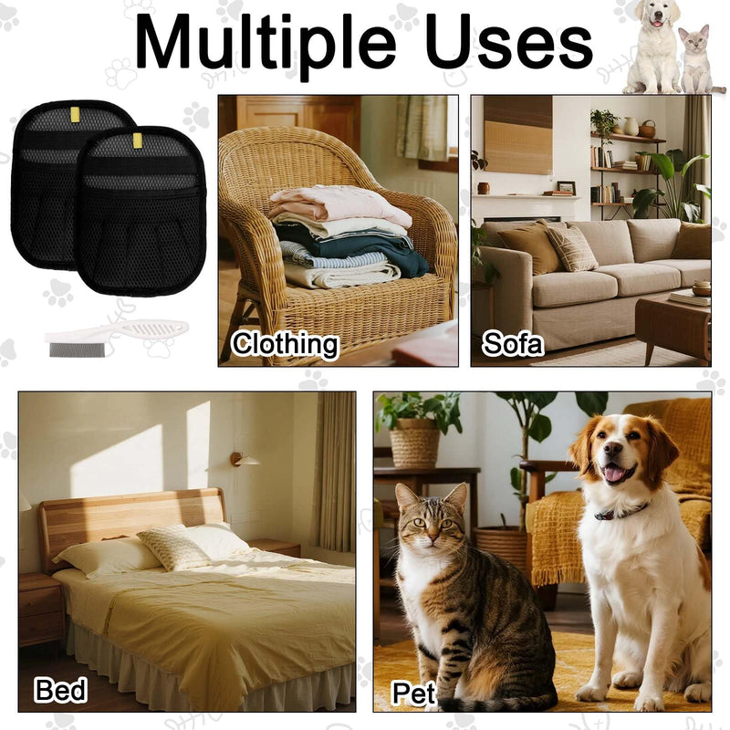 1 Pair Pet Hair Removal Gloves, Reusable Five-Finger Electrostatic Grooming Remover Gloves with Comb Brush Tool Supplies for Cat Dog Hair Removal on Furniture Couch Pet Bed Carpet Rug Curtains