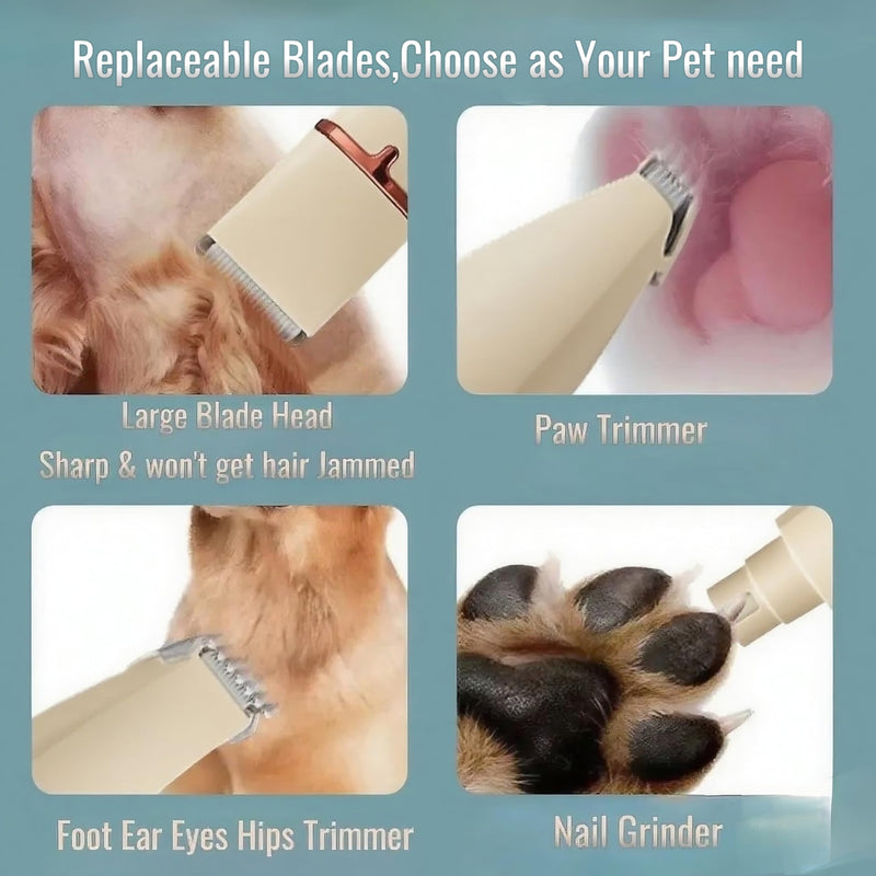 4 in 1 Pet Dog Cat Grooming Kit Dog Cat Nail Ear Paw Clipper Trimmer Pet Hair Grooming Clipper-Low Noise Rechargeable - Cordless Quiet Nail Grinder Trimming Hair Around Eyes and Ears (Beige) Beige - PawsPlanet Australia