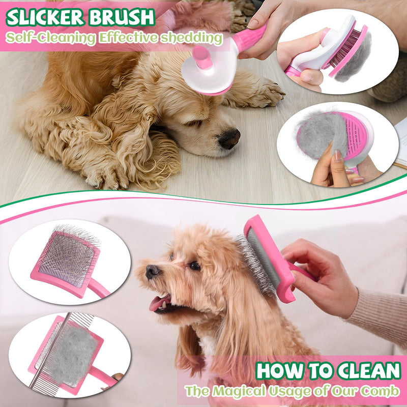 8PCS Dog Slicker Brush for Dogs Grooming Kit,Bath Grooming Kit for Pets,Hair Brush Set with Towel,Washing Gloves,Slicker Comb,and Shampoo Scrubber Brush for Small and Large Dogs and Cats Cats(Pink) Pink - PawsPlanet Australia