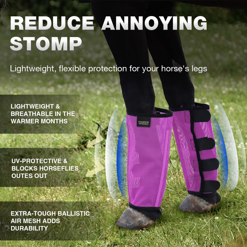 Harrison Howard Loose Fitting Fly Boots UV-Protective Extra Tough Mesh Ventilated Four Fasteners Stay-on Design Protect Horse Legs & Stomp-Reducing Set of 4 Purple Small