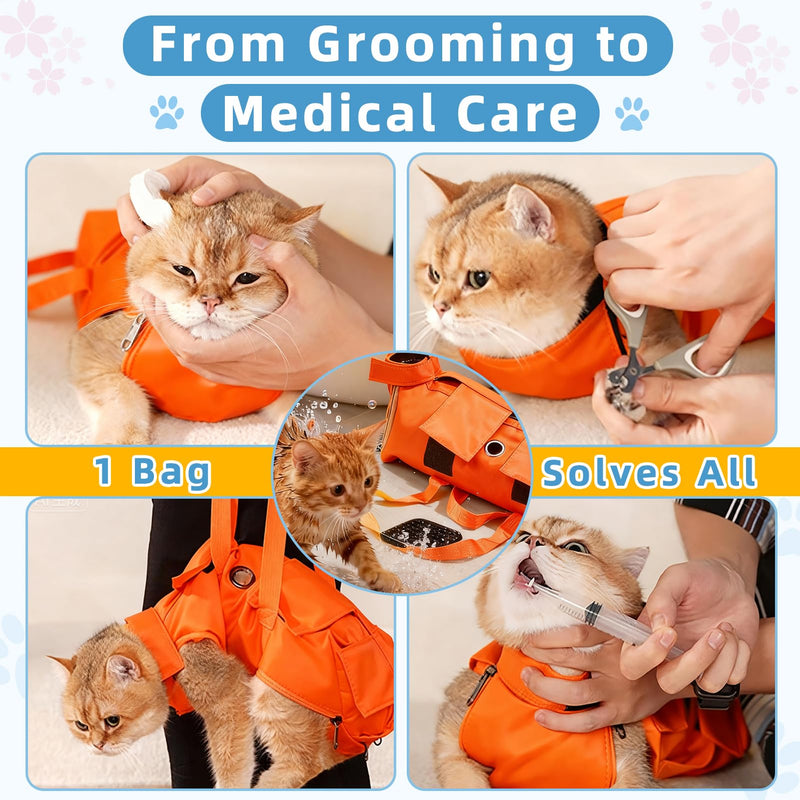 Waterproof Cat Grooming Restraint Bag - Anti-Scratching for Claw Care & Nail Trimming, Ideal for Cat Medical Examination (Orange, S) Orange