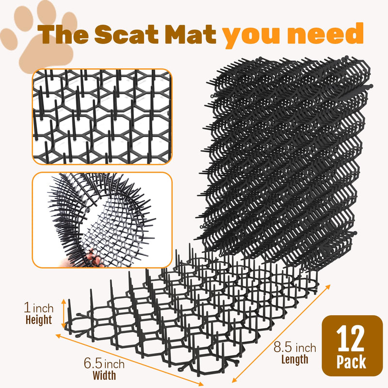 8.5 X 6.5 Inch Scat Mat for Cats with 6 Garden Staples & 6 Ties, 12 Pack Cat Deterrent Mat for Garden Fence & Animal Barrier