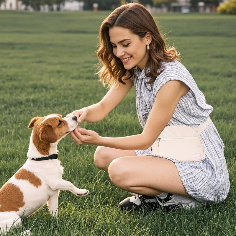 Dog Treat Pouch Pet Training Walking Fanny Pack with Built-in Poop Bag Dispenser & Waste Bag Holder | Stylish Puppy Training Essentials Supplies | Free Dog Clicker (Cream) Cream - PawsPlanet Australia