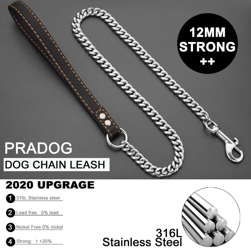 PRADOG Chain Dog Leash Metal Chew Proof 12MM Heavy Duty Pet Leash Chain with Leather Padded Handle for Large Medium Small Dogs(Totally Length of 5ft) 5.0 FT( For S, M Dog) - PawsPlanet Australia
