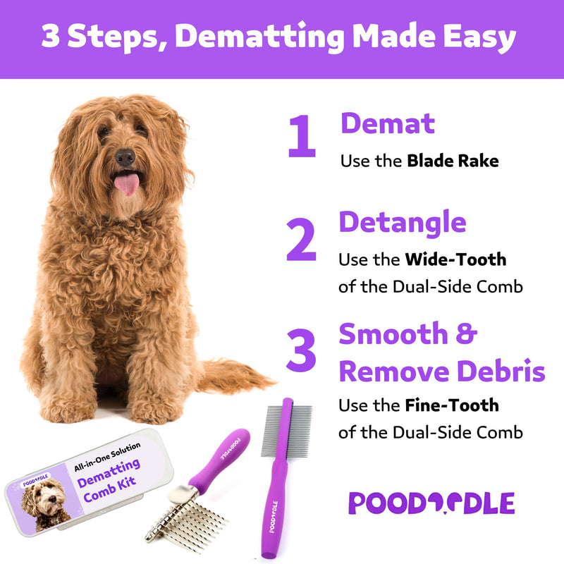 Pain-Free Dematting Comb Kit for Dogs & Cats, Dematting Rake & Detangling Dual-Side Comb Set, Dematting Brush for Dogs & Cats, Pet Grooming Tools Kit for Poodle Doodle & All Long Haired Pets - PawsPlanet Australia
