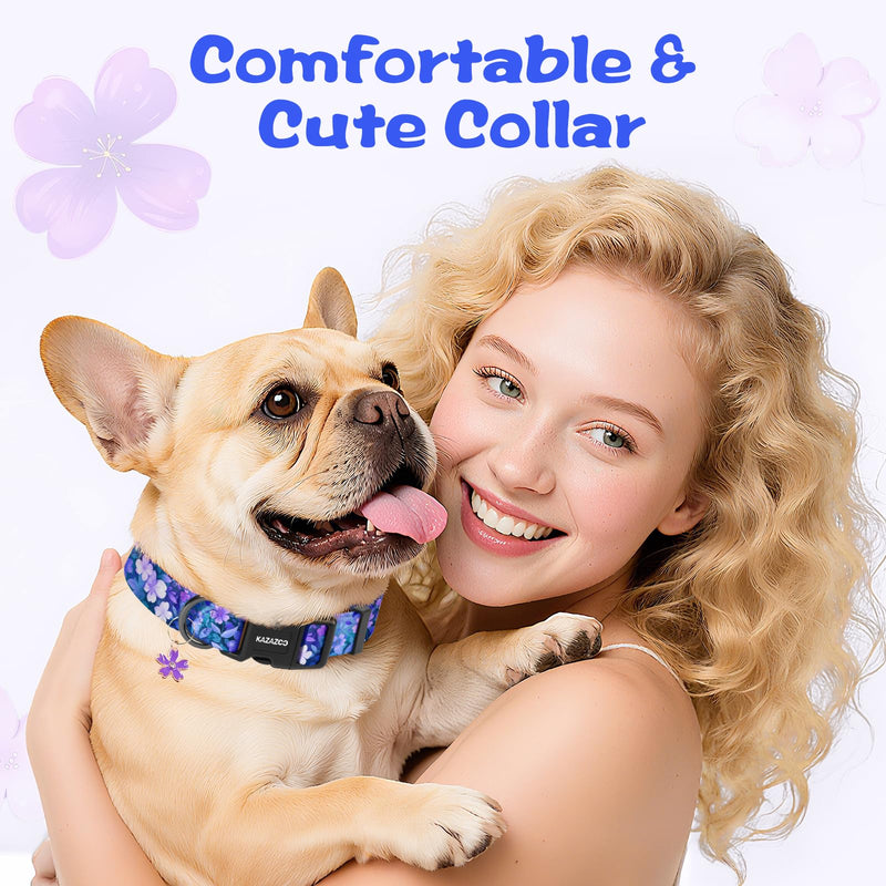Kazazoo Dog Collar Cute and Soft Nylon Puppy Collar Girl, Adjustable Dog Collars for Small Medium Dogs, Purple Flowers-S S