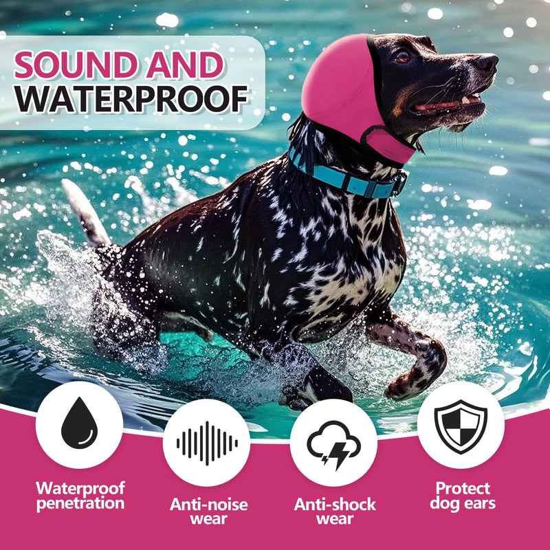 Dog Ear Muffs & No Shake Ear Wrap for Hematoma, Bathing, Drying & Noise Anxiety Relief - Elastic Waterproof Ear Protector with Calming Hoodie Design for Grooming/Head Ear Cover (Rose red, L) Rose red