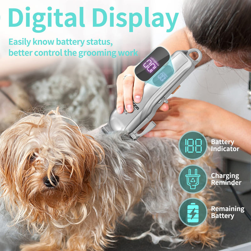 Dog Clippers for Grooming, Cordless,Low Noise, Electric Quiet,Rechargeable, Pet Hair Clippers for Thick Coats, Dog Trimmer Grooming Kit, Shaver for Small and Large Dogs Cats,Silver Silvery - PawsPlanet Australia