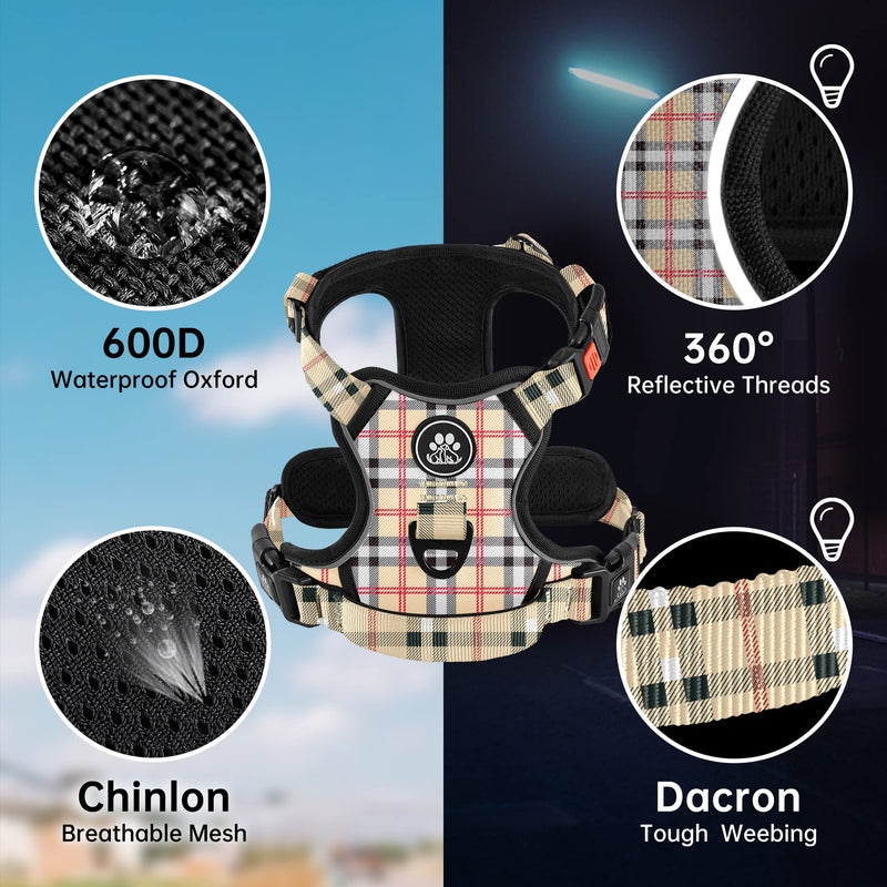 NESTROAD No Pull Dog Harness with Leash, Reflective No Choke Pet Vest Harness,Adjustable Soft Padded Dog Harness with Easy Control Handle for Medium Dogs(Checkered Beige,Medium) 【M】neck 13-17" chest 17-25" Checkered Beige