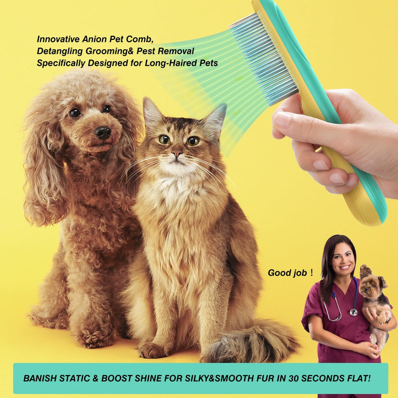 Professional 3-Row Tick & Flea Comb for Dogs & Cats - Stainless Steel Teeth with Negative Ion Anti-Static | Detangling Grooming Tool for Poodles, Shih Tzus & Long Haired Pets (One Size) One Size - PawsPlanet Australia