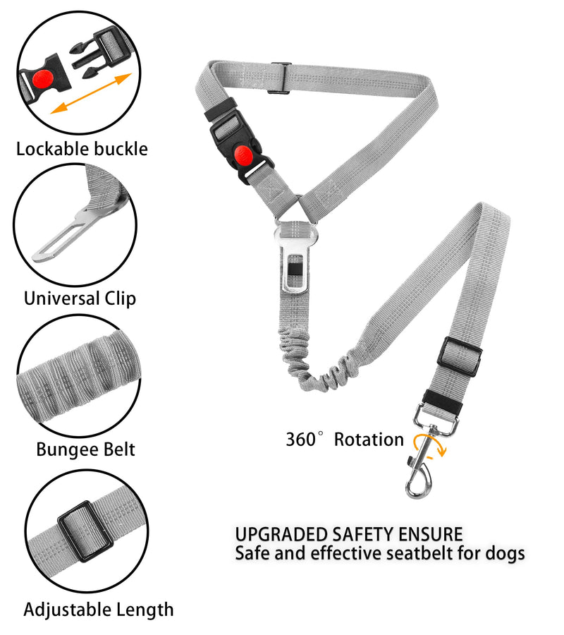 YAOHDAO Dog Seat Belt Harness for Car, Restraint Adjustable with Elastic Bungee Buffer Headrest for Vehicle, 360° Swivel Carabiner Nylon Pet Safety Seat Belts Heavy Duty Car Harness for Dogs (Grey) Grey - PawsPlanet Australia