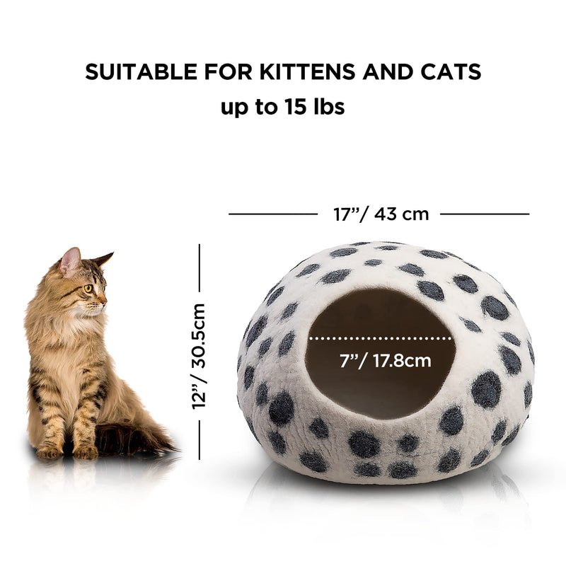 Luxurious Merino Wool Cat Cave - Foldable Hideaway Pod for Indoor Cats - Premium Felt Kitten Pet Enclosure - Covered Cat House for Ultimate Cozy Comfort by Woolygon White Polka - PawsPlanet Australia
